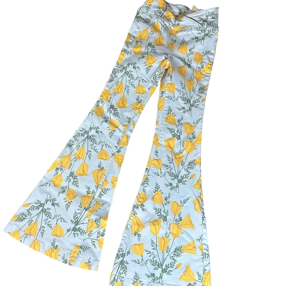 We The Free Venice Beach Flare Pants Womens 25 Blue Yellow Floral High Rise
